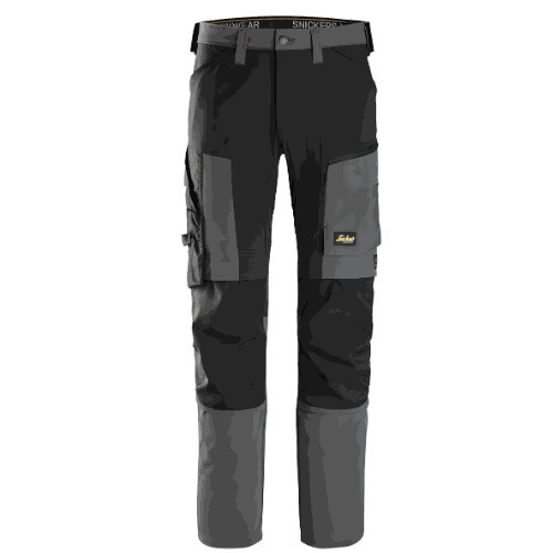 Spodnie robocze stretch Snickers 6318 — szaro-czarne, 4-way stretch Sorona®, CORDURA®, EN 14404