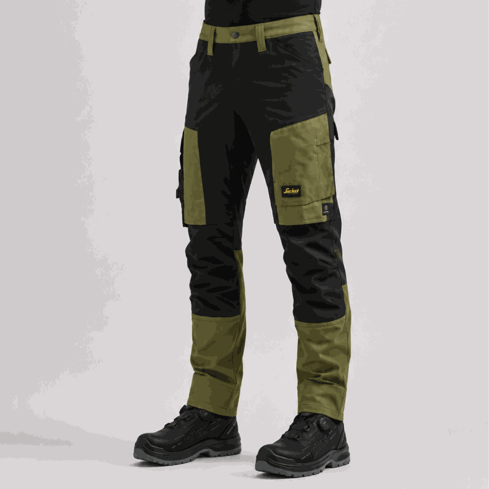 Spodnie robocze stretch Snickers 6318 — khaki-czarne, 4-way stretch Sorona®, CORDURA®, EN 14404