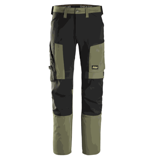 Spodnie robocze stretch Snickers 6318 — khaki-czarne, 4-way stretch Sorona®, CORDURA®, EN 14404