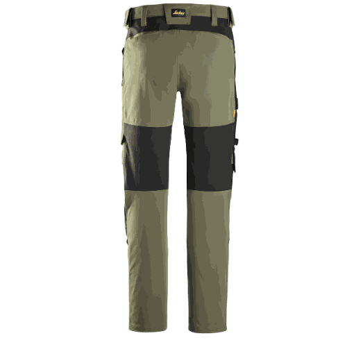 Spodnie robocze stretch Snickers 6318 — khaki-czarne, 4-way stretch Sorona®, CORDURA®, EN 14404
