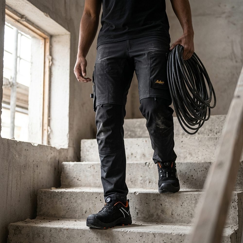 Spodnie robocze stretch Snickers 6318 — czarne, 4-way stretch Sorona®, CORDURA®, EN 14404