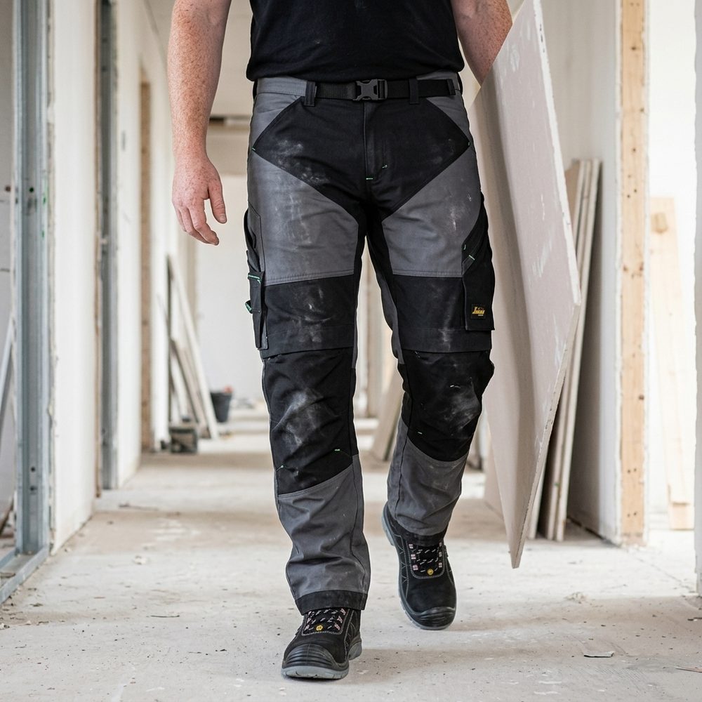 Spodnie robocze Snickers 6903 FlexiWork z paskiem — szaro-czarne, lekkie 200 g/m², CORDURA®, KneeGuard®