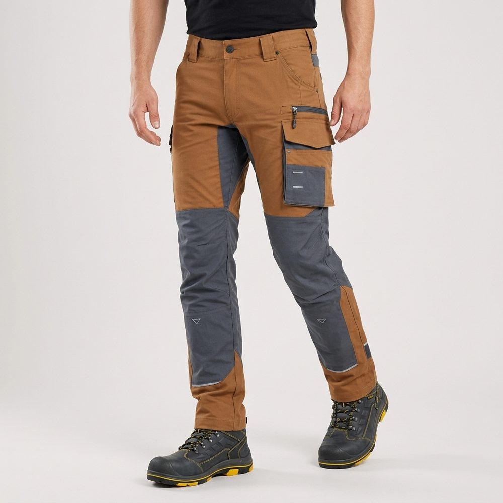 Spodnie robocze elastyczne Motionflex — brązowo-grafitowe, nylon stretch 235 g/m², ultralekkie