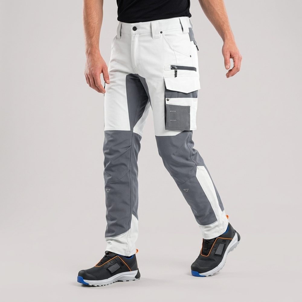 Spodnie robocze białe malarskie elastyczne Motionflex — biało-szare, nylon stretch 235 g/m², ultralekkie