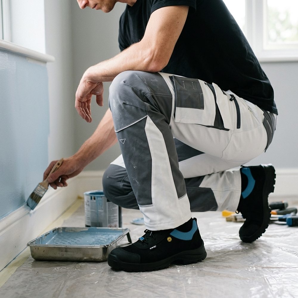Spodnie robocze białe malarskie elastyczne Motionflex — biało-szare, nylon stretch 235 g/m², ultralekkie