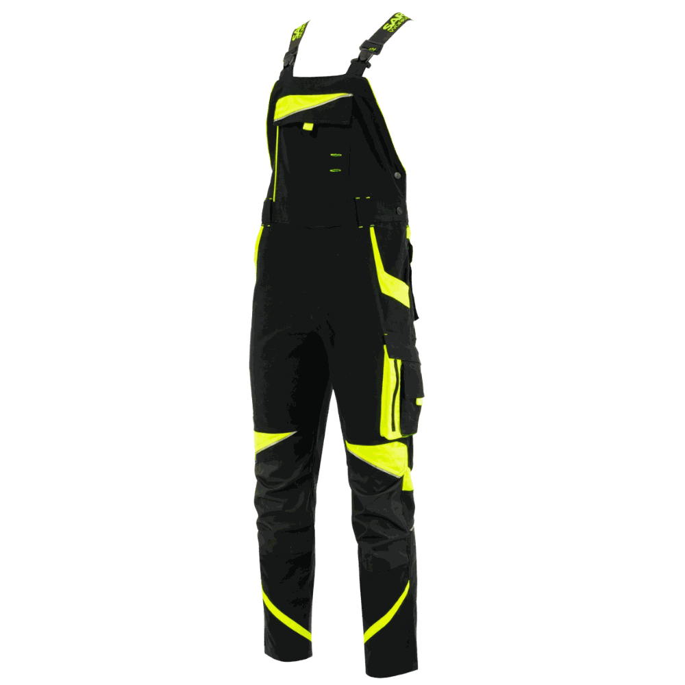 Ogrodniczki robocze elastyczne Neoflex — czarno-żółte, canva stretch 260 g/m², wzmocnione kolana