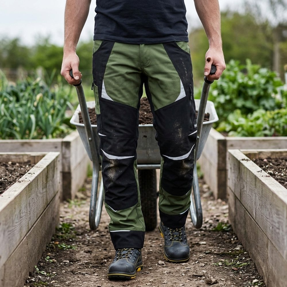 Spodnie robocze elastyczne Cottonflex — oliwkowo-czarne, bawełna 250 g/m², kieszenie na nakolanniki