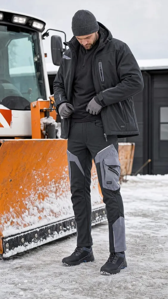 Spodnie robocze softshell Comfort Winter — czarno-szare, wiatroszczelne, wodoodporne 350 g/m², zamki