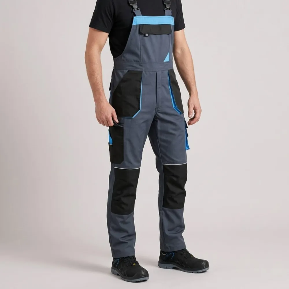 Ogrodniczki robocze rip-stop Rambo — szaro-niebieskie, 230 g/m², cordura, kieszenie na nakolanniki