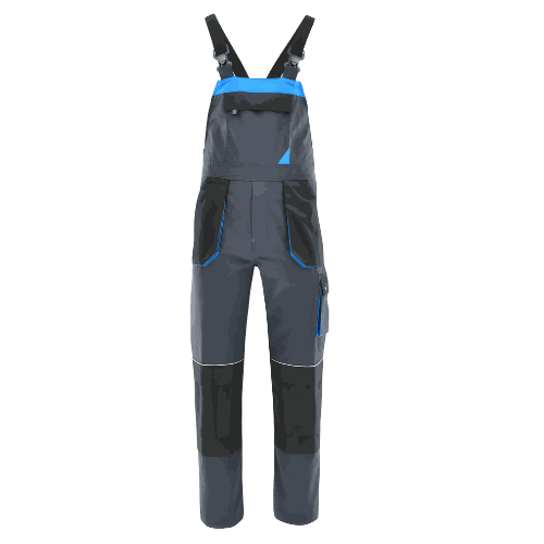 Ogrodniczki robocze rip-stop Rambo — szaro-niebieskie, 230 g/m², cordura, kieszenie na nakolanniki