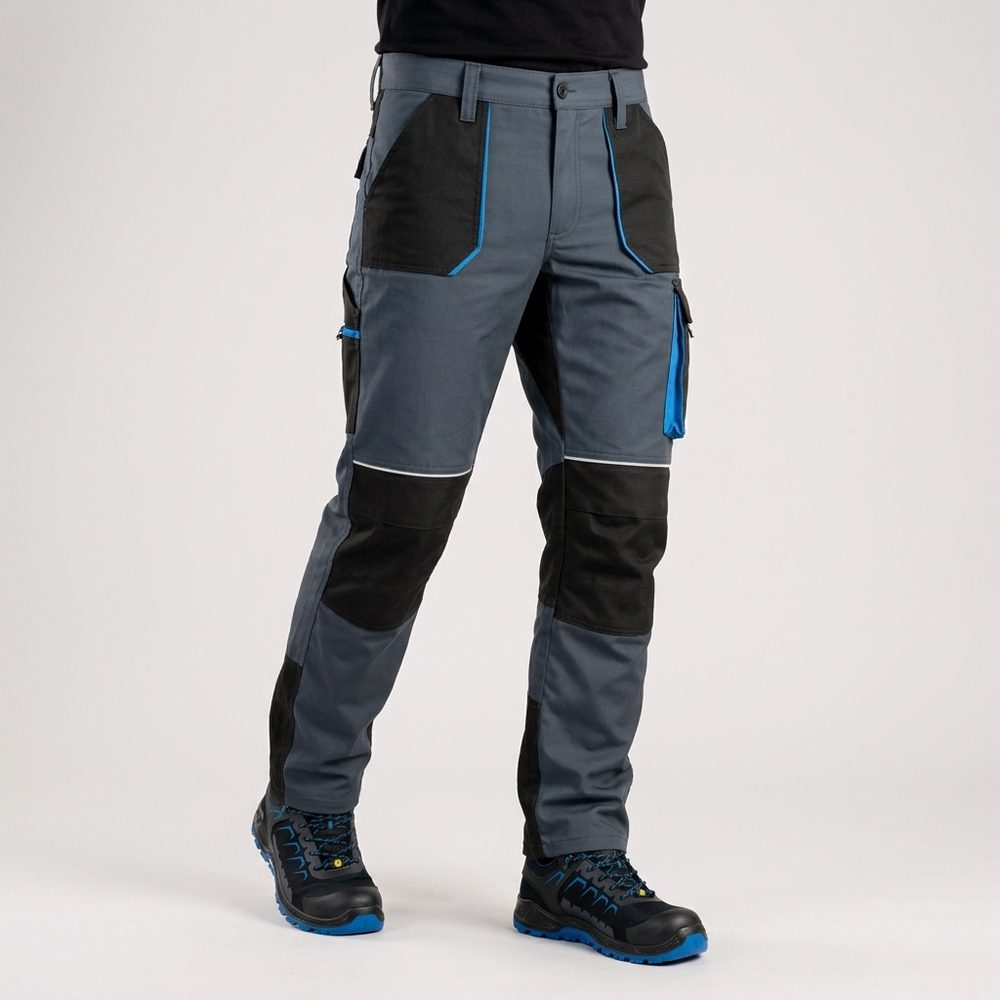 Spodnie robocze rip-stop Rambo — szaro-niebieskie, 230 g/m², cordura, kieszenie na nakolanniki