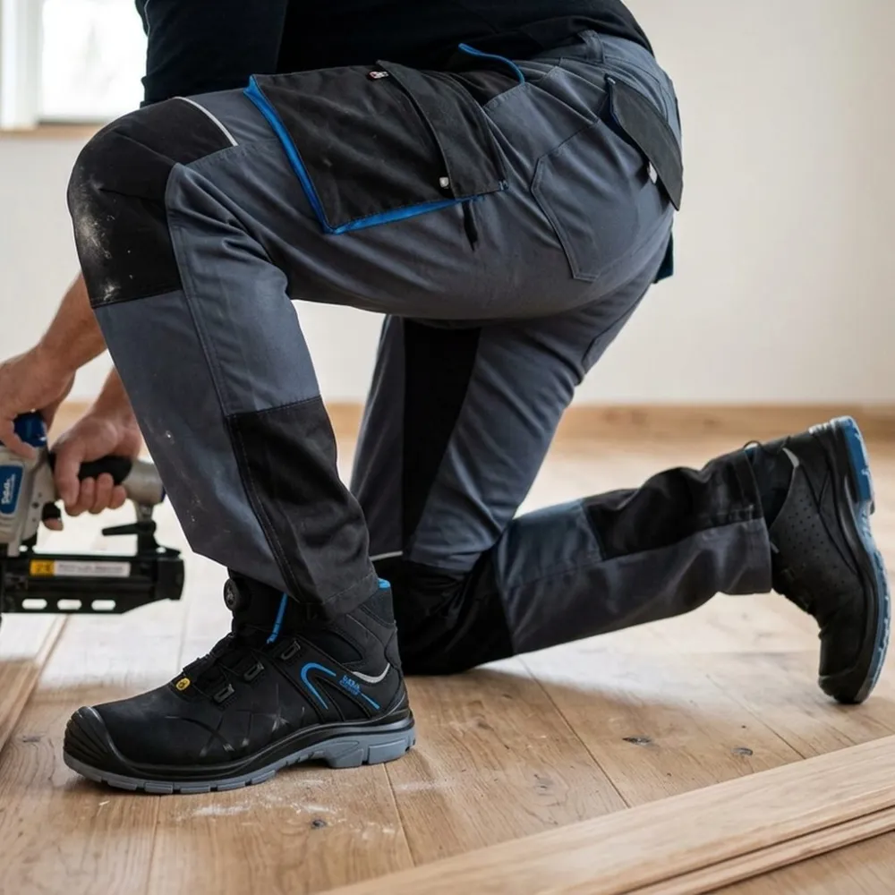 Spodnie robocze rip-stop Rambo — szaro-niebieskie, 230 g/m², cordura, kieszenie na nakolanniki