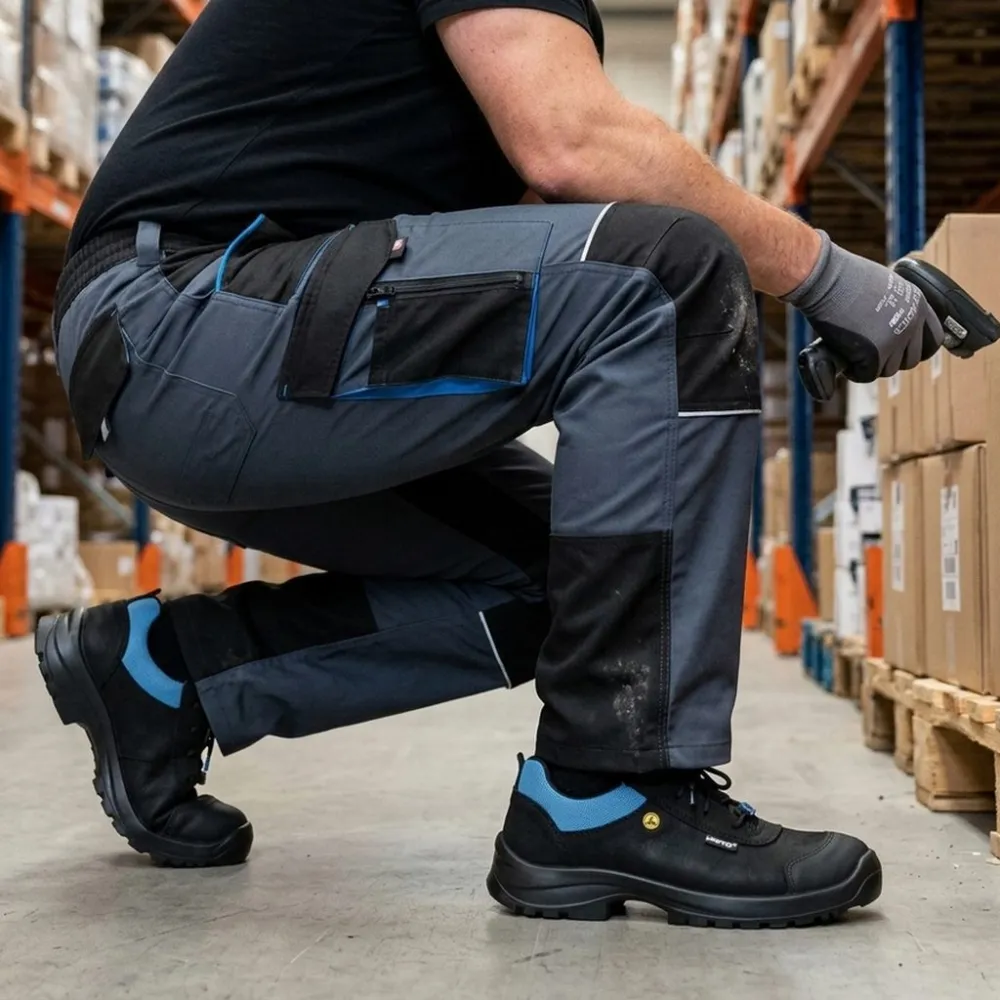 Spodnie robocze rip-stop Rambo — szaro-niebieskie, 230 g/m², cordura, kieszenie na nakolanniki