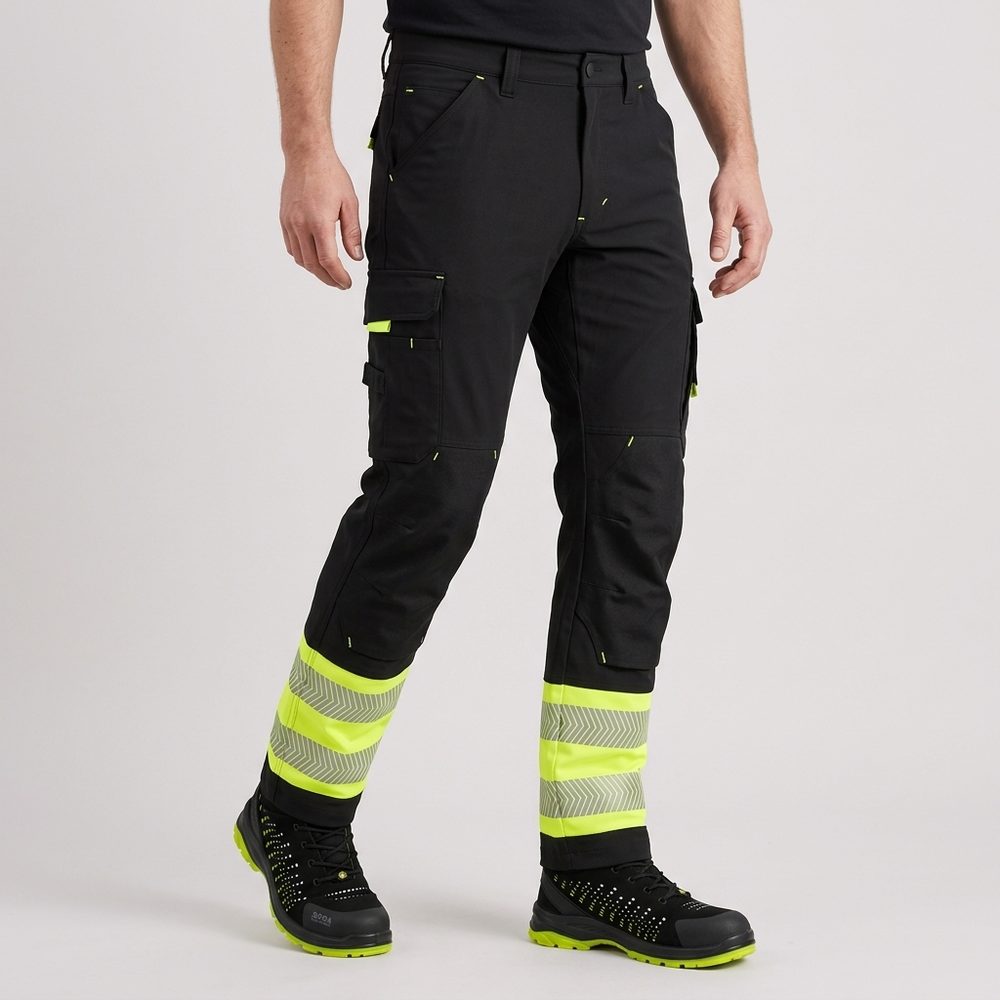 Spodnie robocze elastyczne Actiflex Neo — czarne z żółtymi wstawkami hi-vis, stretch 250 g/m², taśmy 5 cm