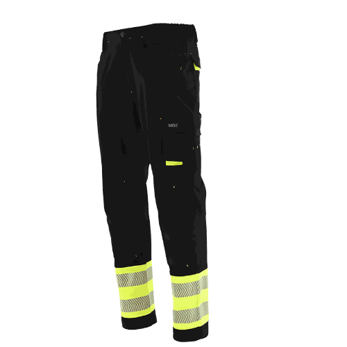Spodnie robocze elastyczne Actiflex Neo — czarne z żółtymi wstawkami hi-vis, stretch 250 g/m², taśmy 5 cm
