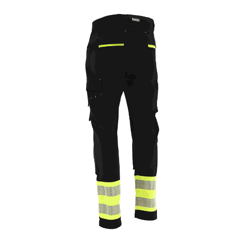 Spodnie robocze elastyczne Actiflex Neo — czarne z żółtymi wstawkami hi-vis, stretch 250 g/m², taśmy 5 cm