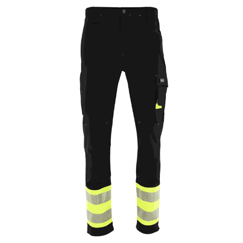 Spodnie robocze elastyczne Actiflex Neo — czarne z żółtymi wstawkami hi-vis, stretch 250 g/m², taśmy 5 cm