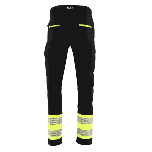 Spodnie robocze elastyczne Actiflex Neo — czarne z żółtymi wstawkami hi-vis, stretch 250 g/m², taśmy 5 cm