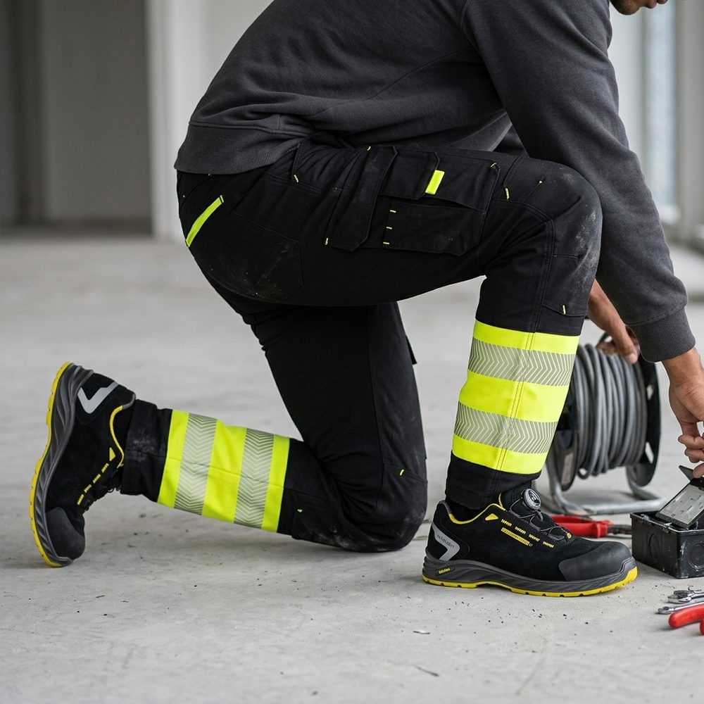 Spodnie robocze elastyczne Actiflex Neo — czarne z żółtymi wstawkami hi-vis, stretch 250 g/m², taśmy 5 cm