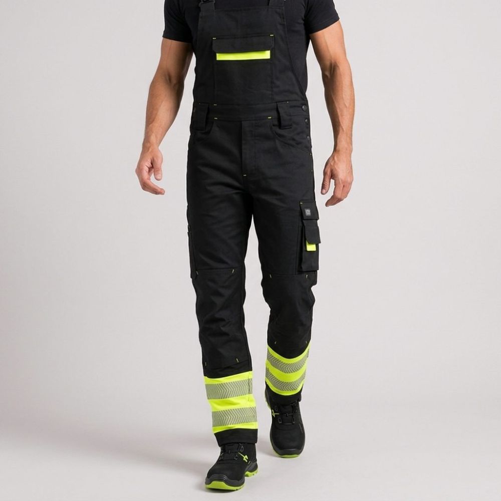 Ogrodniczki robocze elastyczne Actiflex Neo — czarno-żółte hi-vis, stretch 250 g/m², taśmy 5 cm