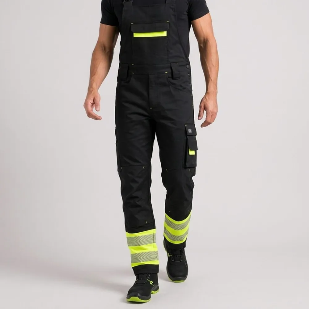 Ogrodniczki robocze elastyczne Actiflex Neo — czarno-żółte hi-vis, stretch 250 g/m², taśmy 5 cm