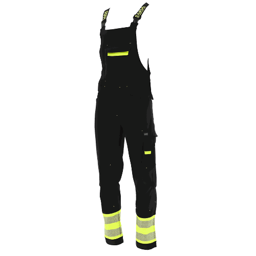 Ogrodniczki robocze elastyczne Actiflex Neo — czarno-żółte hi-vis, stretch 250 g/m², taśmy 5 cm