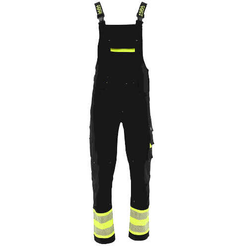 Ogrodniczki robocze elastyczne Actiflex Neo — czarno-żółte hi-vis, stretch 250 g/m², taśmy 5 cm
