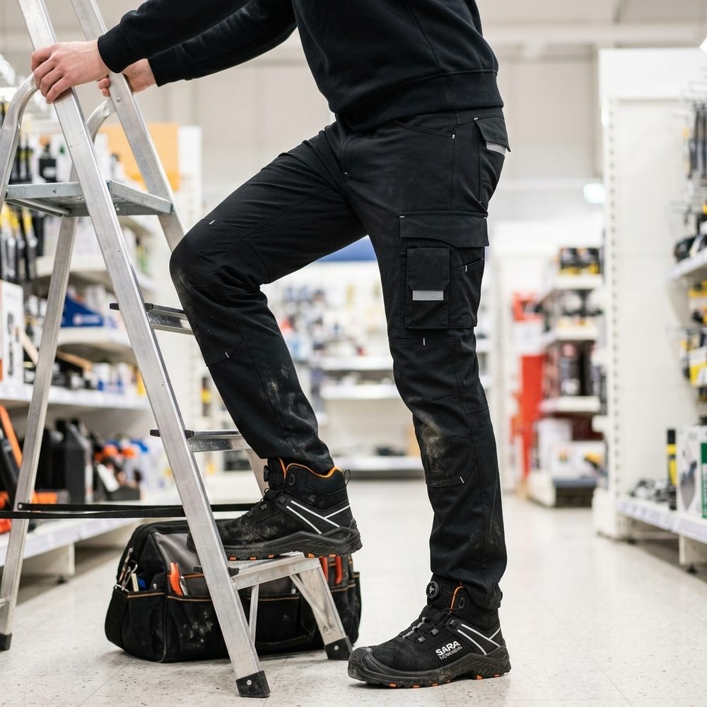 Spodnie robocze elastyczne Actiflex — czarne, stretch 250 g/m², kieszenie na nakolanniki, potrójne szwy