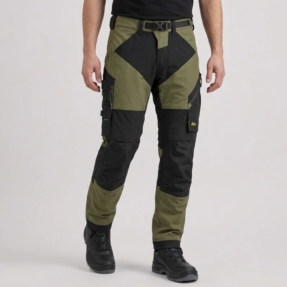 Spodnie robocze Snickers 6903 FlexiWork z paskiem — khaki-czarne, lekkie 200 g/m², CORDURA®, KneeGuard®