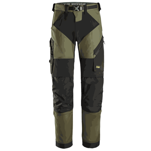 Spodnie robocze Snickers 6903 FlexiWork z paskiem — khaki-czarne, lekkie 200 g/m², CORDURA®, KneeGuard®