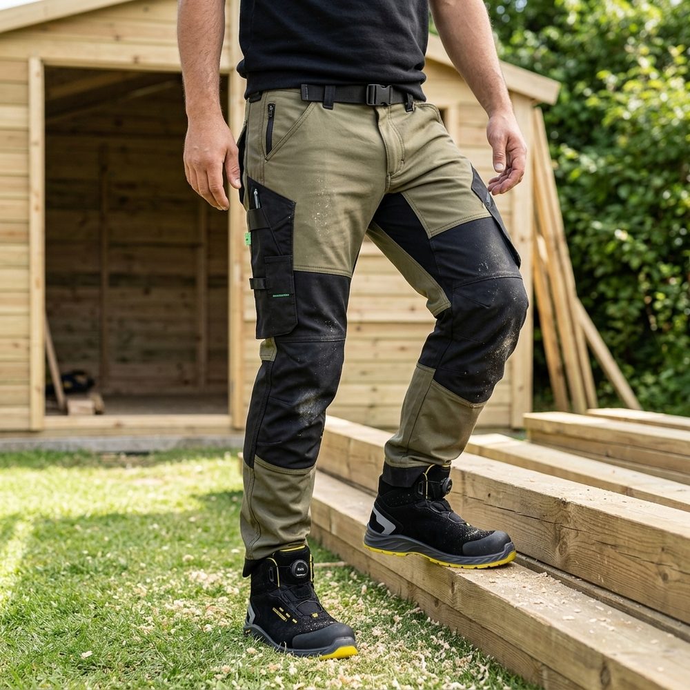 Spodnie robocze Snickers 6903 FlexiWork z paskiem — khaki-czarne, lekkie 200 g/m², CORDURA®, KneeGuard®