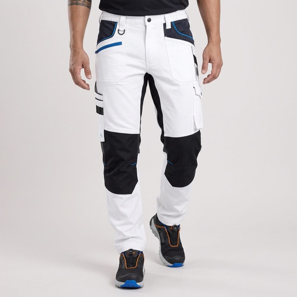Spodnie robocze białe elastyczne 4xStretch — bawełna canvas 250 g/m², slim fit, kieszenie na nakolanniki