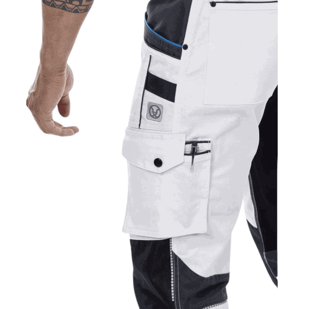 Spodnie robocze białe elastyczne 4xStretch — bawełna canvas 250 g/m², slim fit, kieszenie na nakolanniki