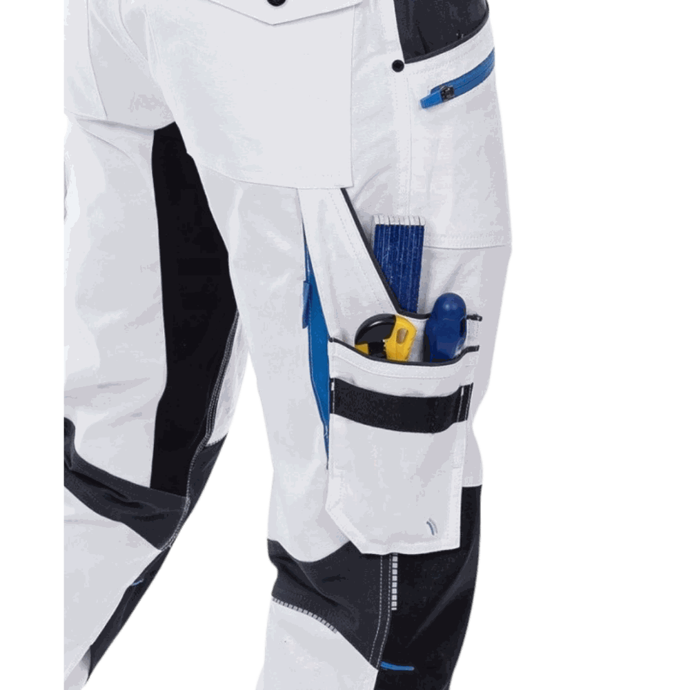 Spodnie robocze białe elastyczne 4xStretch — bawełna canvas 250 g/m², slim fit, kieszenie na nakolanniki