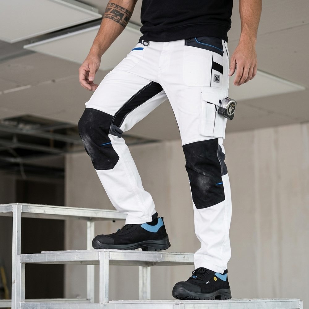 Spodnie robocze białe elastyczne 4xStretch — bawełna canvas 250 g/m², slim fit, kieszenie na nakolanniki