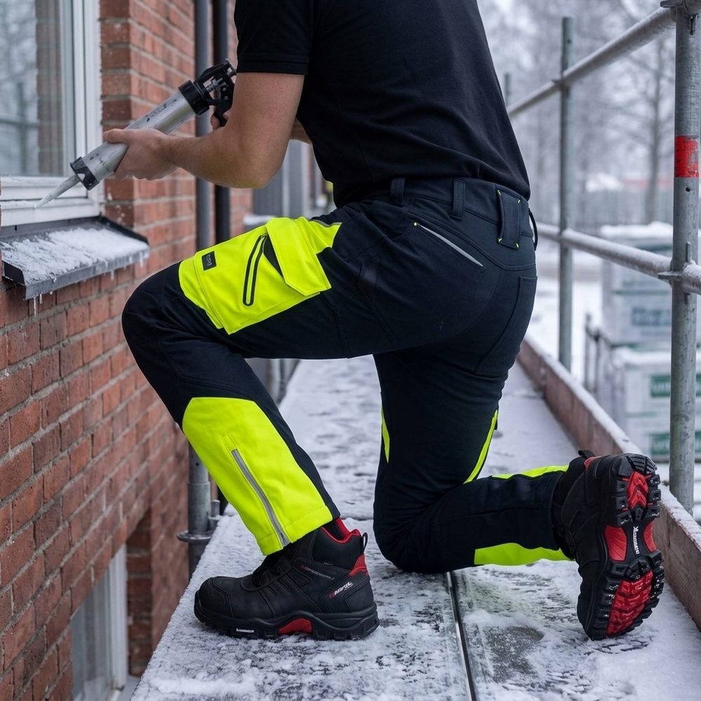 Spodnie robocze softshell Comfort Winter — czarno-żółte, wiatroszczelne, wodoodporne 350 g/m², zamki