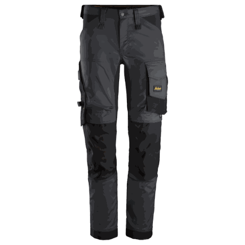 Spodnie robocze stretch slim fit Snickers 6341 — szaro-czarne, 251 g/m², CORDURA®, KneeGuard™ EN 14404