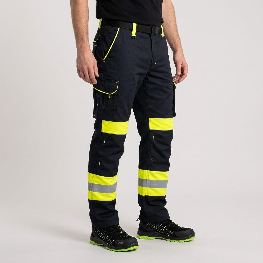Spodnie robocze Classic-Vis — czarno-żółte, canvas 270 g/m², odblaski, kieszenie na nakolanniki