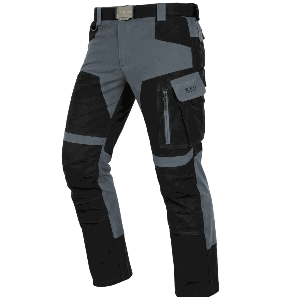 Spodnie robocze elastyczne EXO Ultima — szaro-czarne, softshell 4-way stretch 200 g/m², 9 kieszeni
