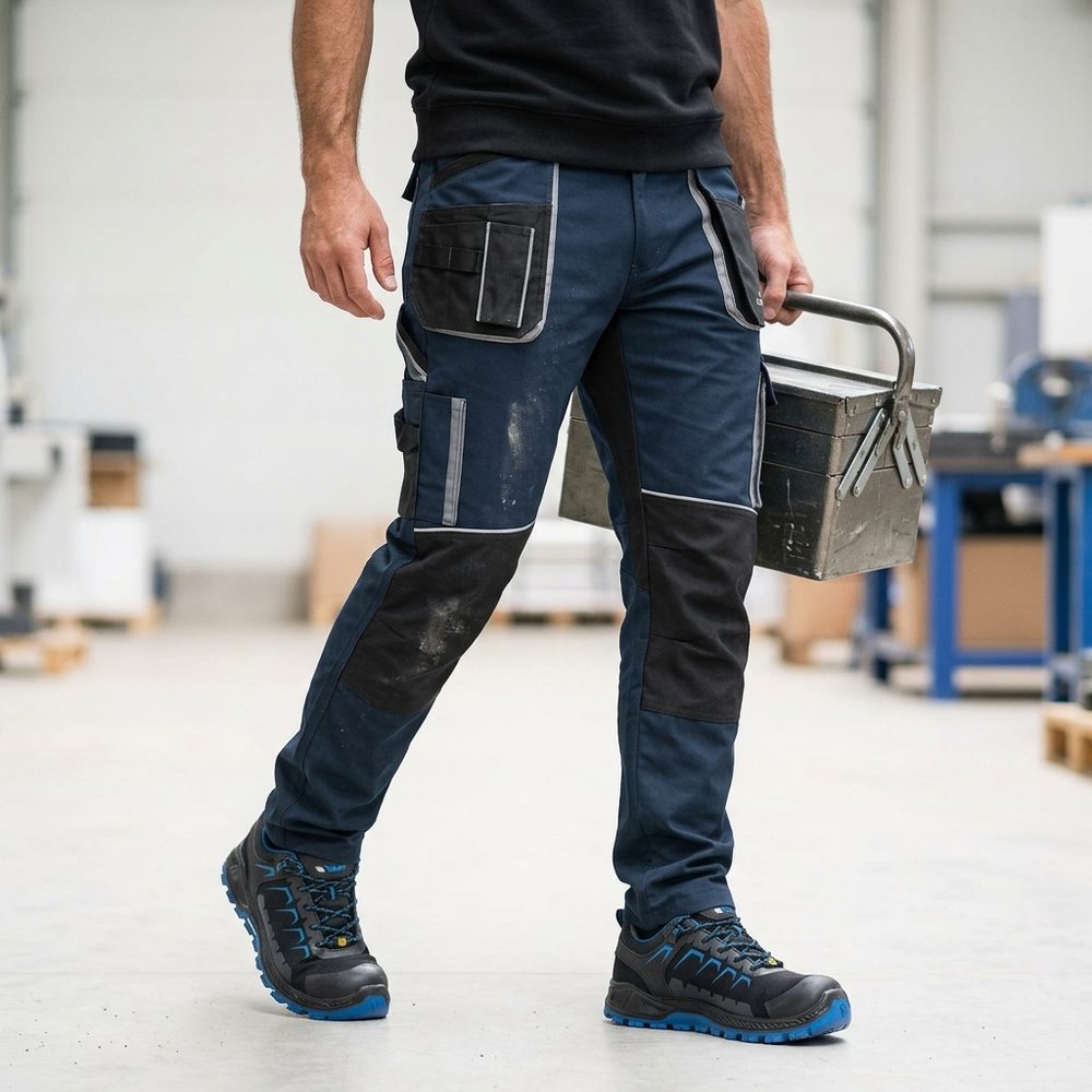 Spodnie robocze elastyczne Stretch slim — granatowe, canvas 260 g/m², kieszenie na nakolanniki