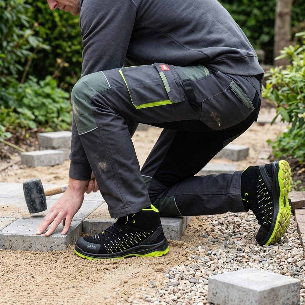 Spodnie robocze elastyczne Stretch slim — grafitowo-limonkowe, canvas 260 g/m², kieszenie na nakolanniki