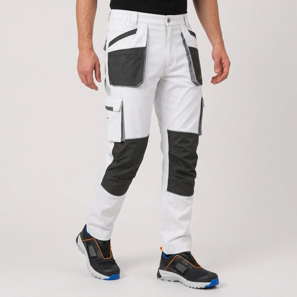 Spodnie robocze malarskie elastyczne Stretch slim — białe, canvas 260 g/m², kieszenie na nakolanniki