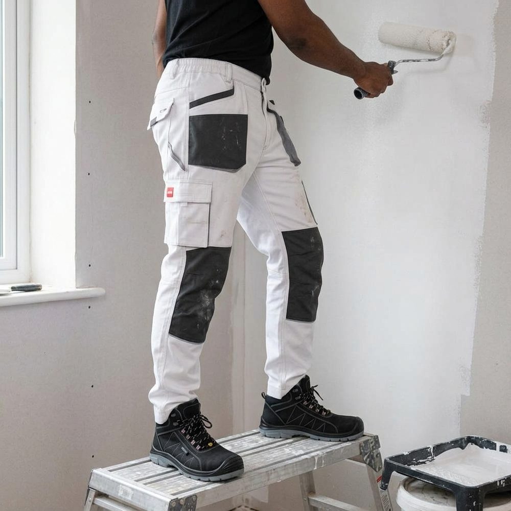 Spodnie robocze malarskie elastyczne Stretch slim — białe, canvas 260 g/m², kieszenie na nakolanniki