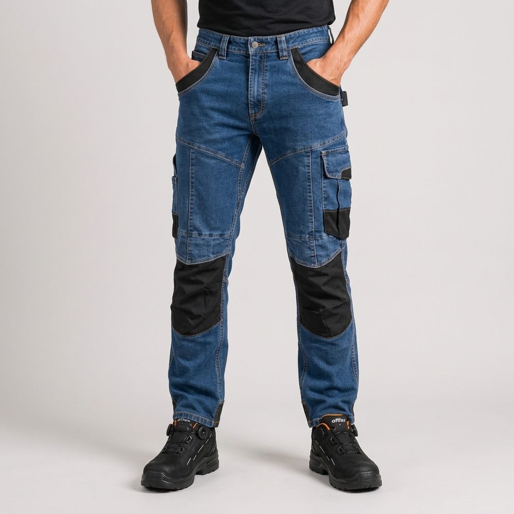 Spodnie robocze jeansowe Rodeo Jeans — niebieskie, denim stretch 340 g/m², kieszenie na nakolanniki