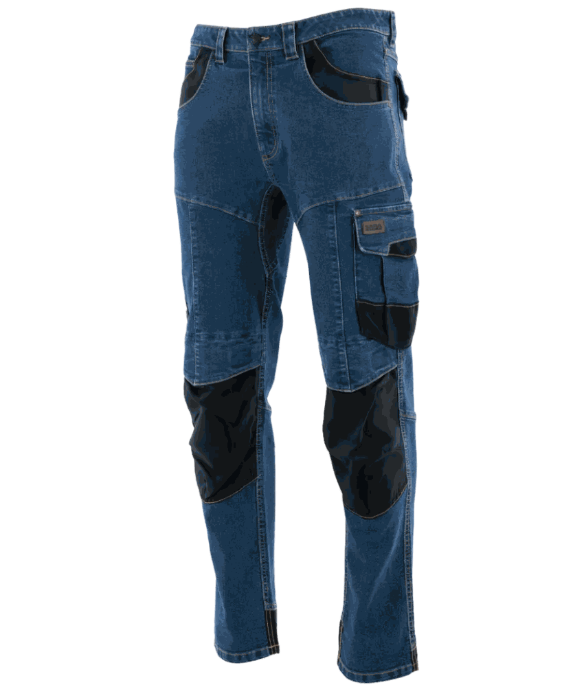 Spodnie robocze jeansowe Rodeo Jeans — niebieskie, denim stretch 340 g/m², kieszenie na nakolanniki