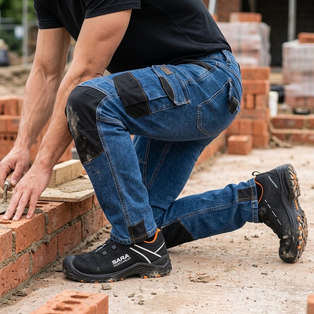 Spodnie robocze jeansowe Rodeo Jeans — niebieskie, denim stretch 340 g/m², kieszenie na nakolanniki