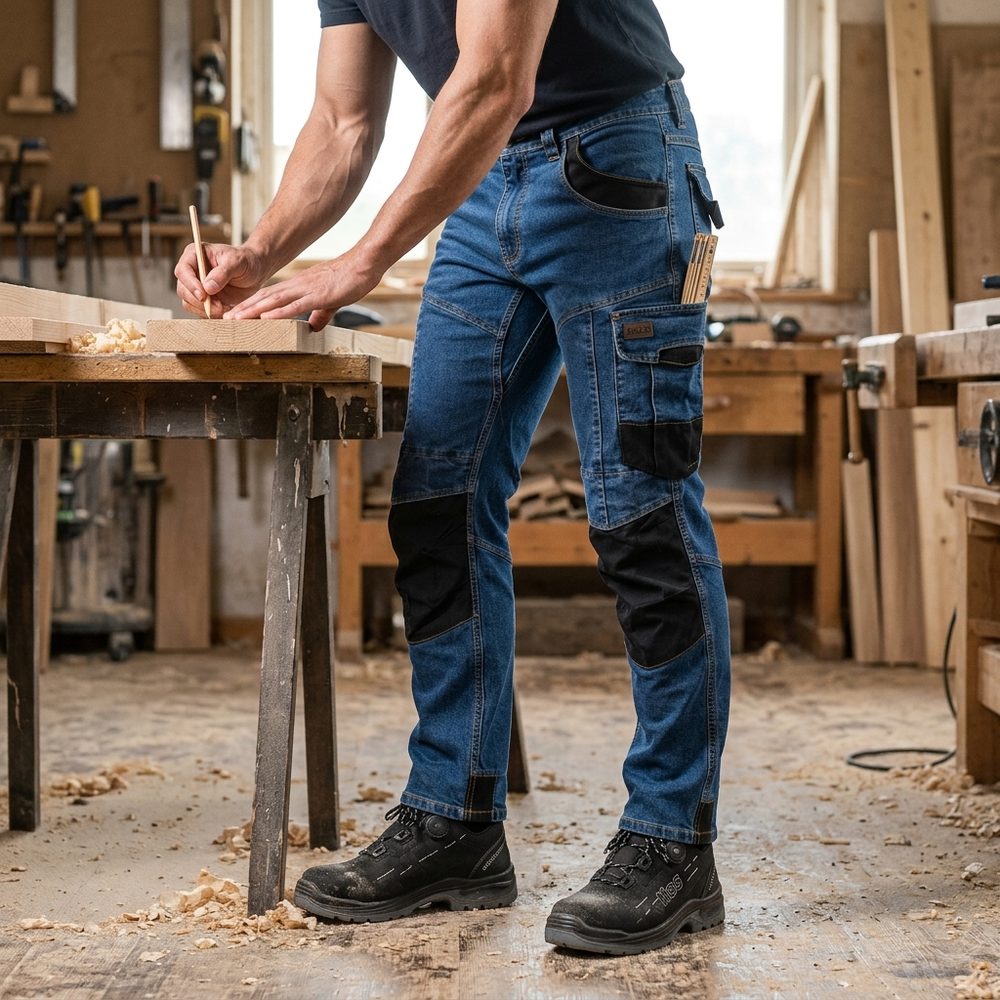 Spodnie robocze jeansowe Rodeo Jeans — niebieskie, denim stretch 340 g/m², kieszenie na nakolanniki