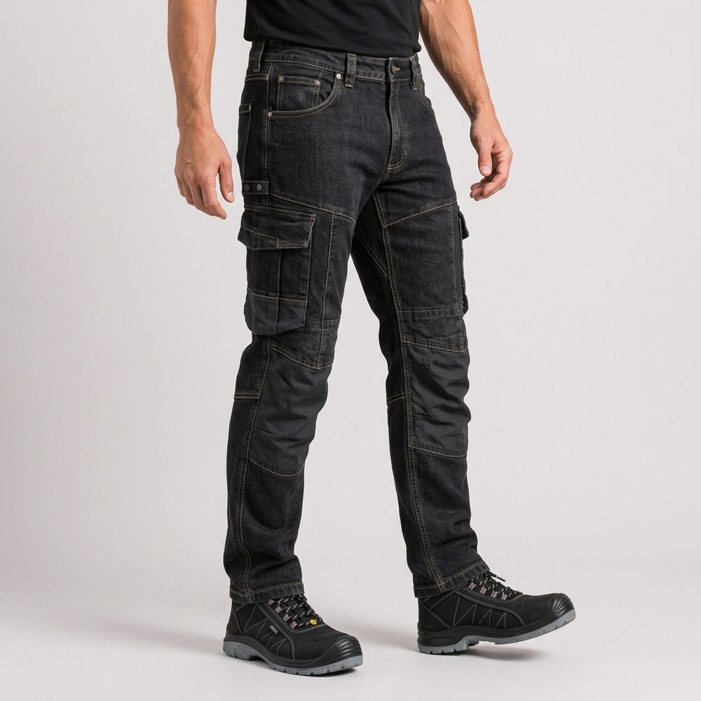 Spodnie robocze jeansowe Rodeo Jeans — czarne, denim stretch 340 g/m², kieszenie na nakolanniki