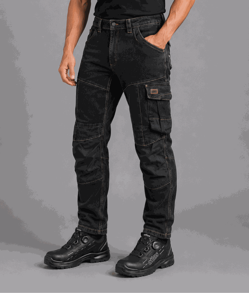 Spodnie robocze jeansowe Rodeo Jeans — czarne, denim stretch 340 g/m², kieszenie na nakolanniki