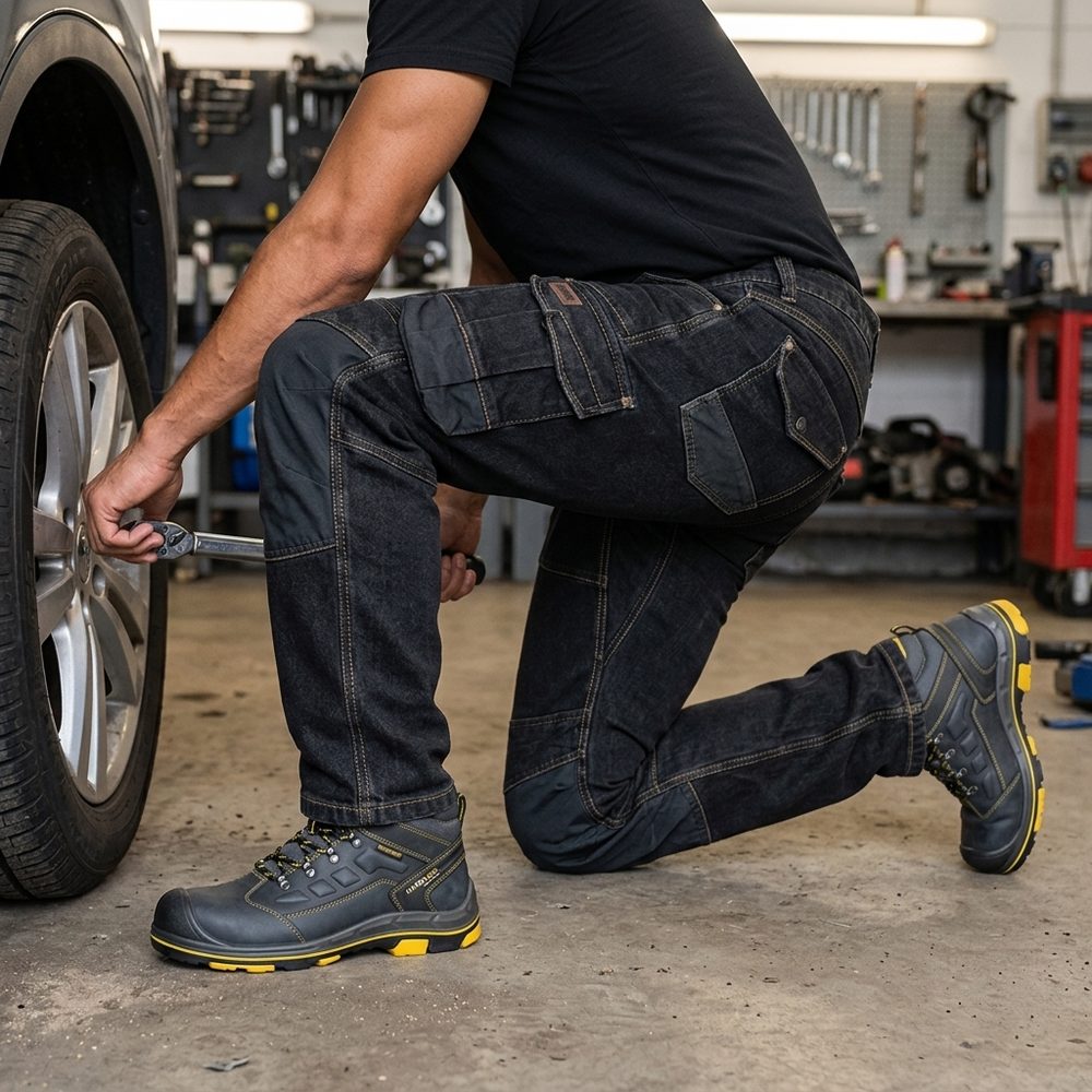 Spodnie robocze jeansowe Rodeo Jeans — czarne, denim stretch 340 g/m², kieszenie na nakolanniki